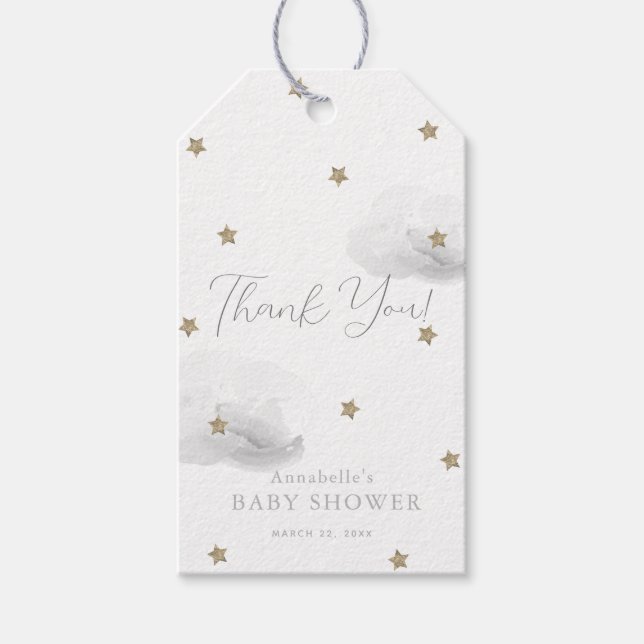 Guld Stars & Grått Clouds Baby Shower Tack Presentetikett (Framsidan)