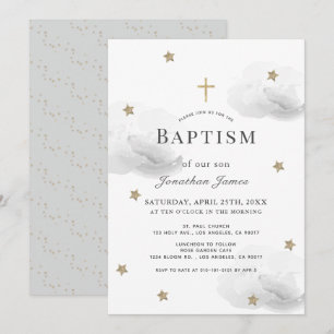Guld Stars & Grått Clouds Gender-Neutralt Baptism Inbjudningar