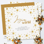Guld Stars Joy till World Simple Elegant Julkort<br><div class="desc">Gå till världskortet,  det moderna kortet för personlig och elegant. Kortet är dekorerat med guld-stjärnor och är skrivet i manusatrografi och festlig typografi. Enkelt minimal typografi med ett överflöd av gyllene stjärnor. Mallen är redot för dig att anpassa hälsning och lägga till ditt/dina namn.</div>