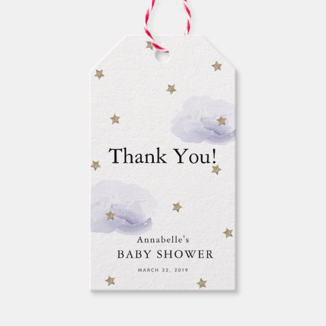 Guld Stars & Lavender Clouds Baby Shower Tack Presentetikett (Framsidan)