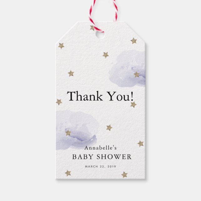 Guld Stars & Lavender Clouds Baby Shower Tack Presentetikett (Framsidan)