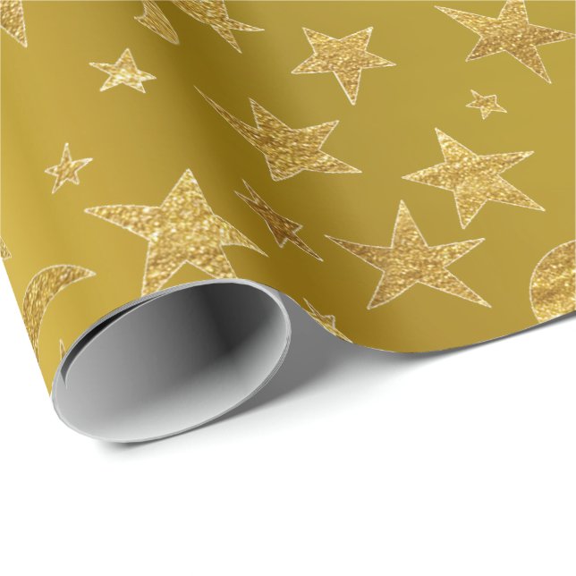 Guld Stars Måne Himlar Metallic Mustard Gult Presentpapper (Rullad Hörn)