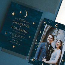 Guld Stars Måne Indigo Celestial Photo Bröllop