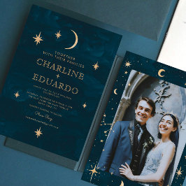 Guld Stars Måne Indigo Celestial Photo Bröllop Inbjudningar