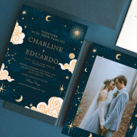 Guld Stars Måne Indigo Celestial Photo Bröllop