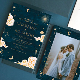 Guld Stars Måne Indigo Celestial Photo Bröllop Inbjudningar