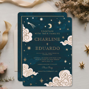Guld Stars Måne Indigo Celestial Qr Code Bröllop Inbjudningar