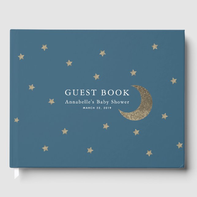 Guld Stars & Måne Navy Blue Baby Shower Guest Bok (Framsida)