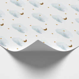 Guld Stars, Måne och Fluffy Clouds Wrapping Papper Presentpapper