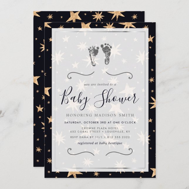 Guld Stars Navy Blue Trendig Starry Baby Shower Inbjudningar (Fram/baksida)
