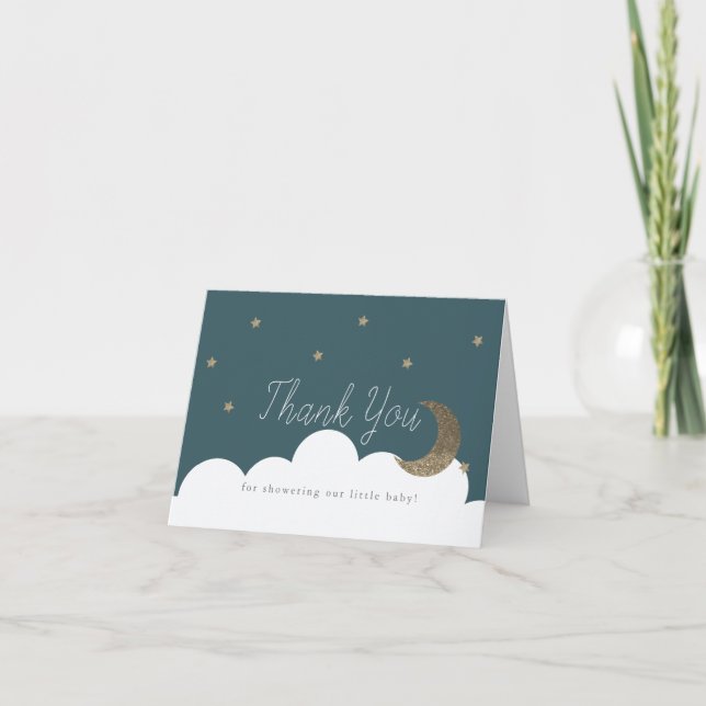 Guld Stars & nyligen utsänt Måne Blue Baby Shower Tack Kort (Framsida)