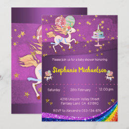 Guld Stars och Lila Unicorn Baby Shower Inbjudningar
