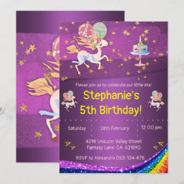 Guld Stars och Lila Unicorn Birthday Inbjudningar
