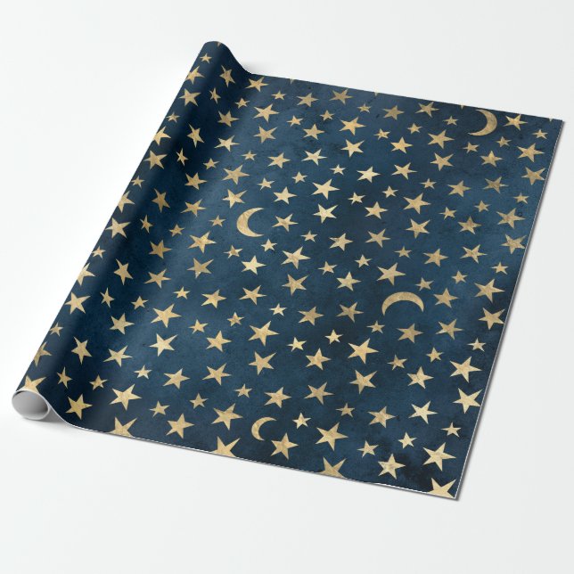 Guld Stars och Måne på Blue Presentpapper (Utrullad)