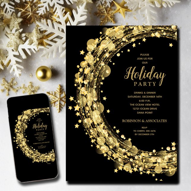 Guld Stars på den svarta julen i Helgdag Inbjudningar (Gold Stars Christmas Holiday Invitations - INSTANT DOWNLOAD and/or PRINTED)