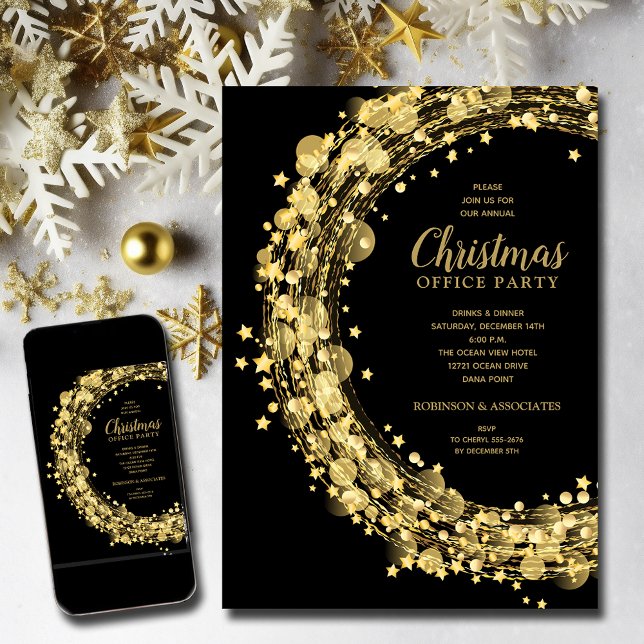Guld Stars på den svarta julen Party Inbjudningar (Gold Stars Christmas Holiday Invitations - INSTANT DOWNLOAD and/or PRINTED)