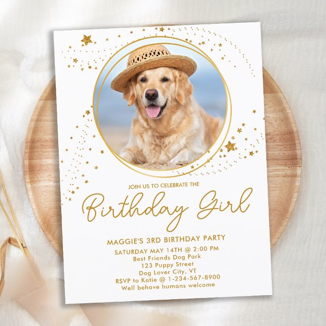 Guld Stars Personlig Pet Photo Hund Birthday Inbjudan Vykort (Skapare uppladdad)