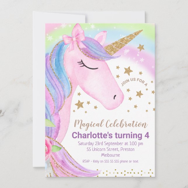 Guld Stars Rainbow Unicorn Birthday-inbjudan Inbjudningar (Framsida)