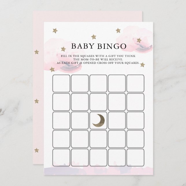Guld Stars Rosa Clouds Baby Shower Bingo Game Card Inbjudningar (Fram/baksida)