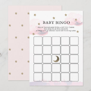 Guld Stars Rosa Clouds Baby Shower Bingo Game Card Inbjudningar