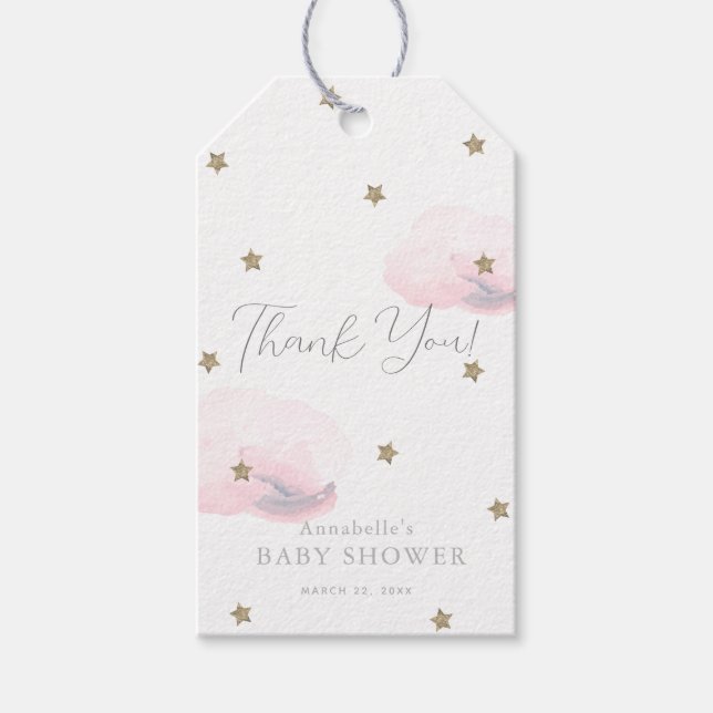 Guld Stars & Rosa Clouds Baby Shower Tack Presentetikett (Framsidan)