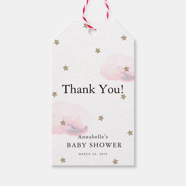 Guld Stars & Rosa Clouds Baby Shower Tack Presentetikett (Framsidan)
