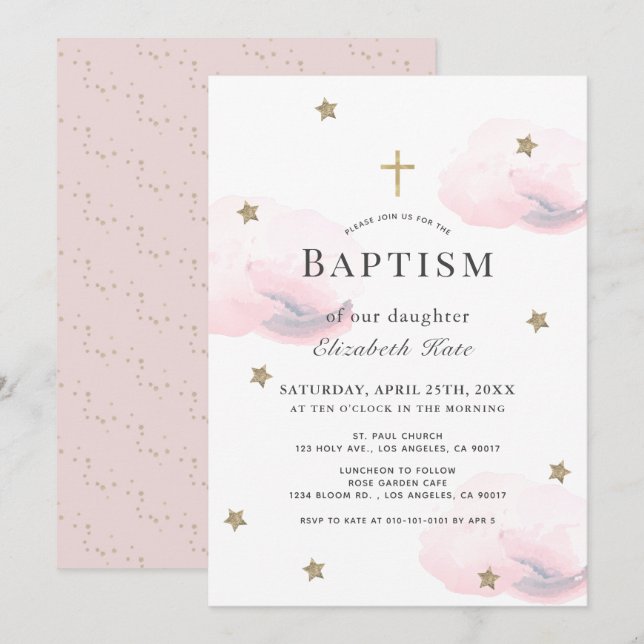 Guld Stars & Rosa Clouds Girl Baptism Inbjudningar (Fram/baksida)