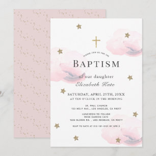 Guld Stars & Rosa Clouds Girl Baptism Inbjudningar
