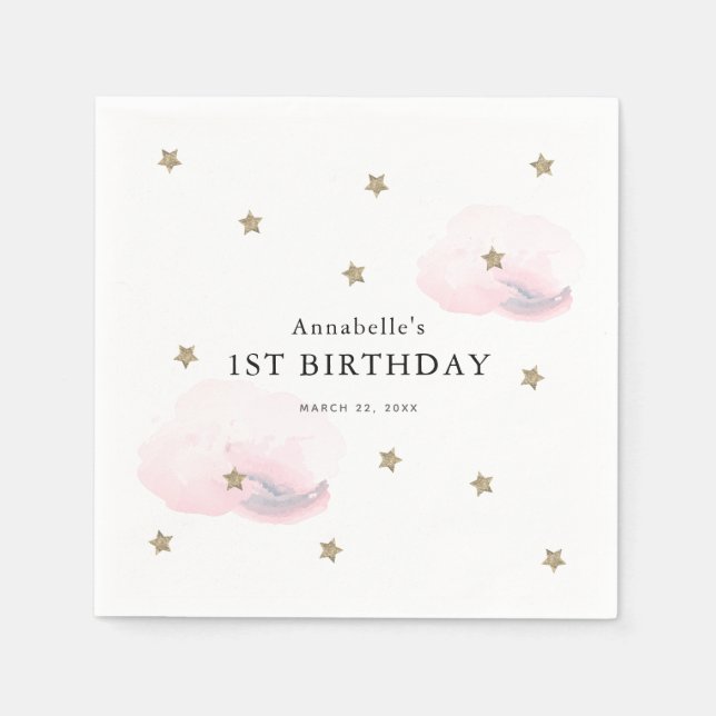 Guld Stars & Rosa Clouds Girl Birthday Pappersservett (Framsidan)