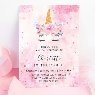 Guld Stars Teal Rosa Unicorn Birthday Inbjudningar