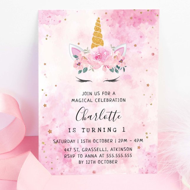 Guld Stars Teal Rosa Unicorn Birthday Inbjudningar (Skapare uppladdad)