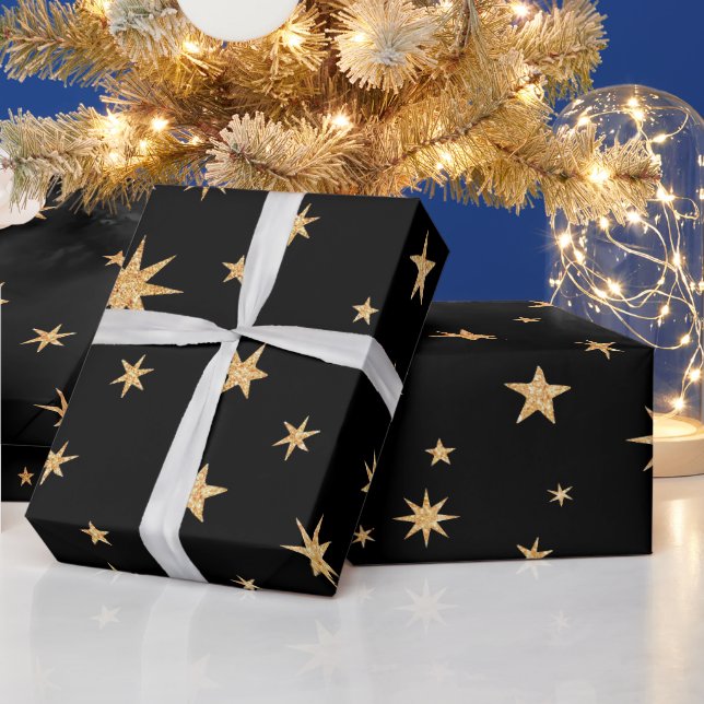 Guld Stars Wrapping Papper - svart bakgrund Presentpapper (Helgdagar)