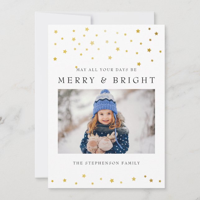 Guld Start Merry och Bright Photo Helgdag Card Julkort (Framsida)
