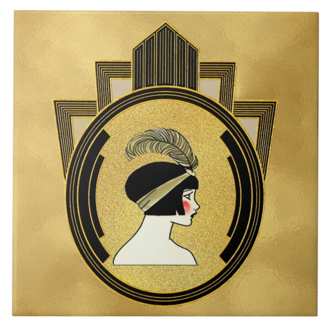 Guld Stil Art Deco Flapper Ceramic Tile Kakelplatta (Framsidan)