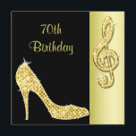 Guld- stilett & Treble kluven 70th födelsedag Inbjudningar<br><div class="desc">Kvinna personlig, 70th Födelsedagskort för elegant anpassningsbar med glitz och glamour. Kvinna sid härliga guld och utskrivaven svartdubbla födelsedaginbjudan med ett bedöva glamoröst avbildar rhinestones, glitter, sequins, skor diamanter som bling mode för stiletter för juvelgnistrahögklackar, och den glittery guld- trebleskrevan på en svart och guld- bakgrund. Det omvänt av denna...</div>