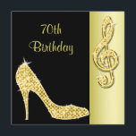 Guld- stilett & Treble kluven 70th födelsedag Inbjudningar<br><div class="desc">Kvinna personlig, 70th Födelsedagskort för elegant anpassningsbar med glitz och glamour. Kvinna sid härliga guld och utskrivaven svartdubbla födelsedaginbjudan med ett bedöva glamoröst avbildar rhinestones, glitter, sequins, skor diamanter som bling mode för stiletter för juvelgnistrahögklackar, och den glittery guld- trebleskrevan på en svart och guld- bakgrund. Det omvänt av denna...</div>