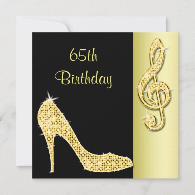 Guld Stiletto & Treble Cleft 65e Birthday Inbjudningar (Framsida)
