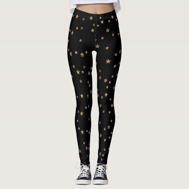 Guld-stjärnor, guld, svart, elegant, glitter, glan leggings (Framsida)