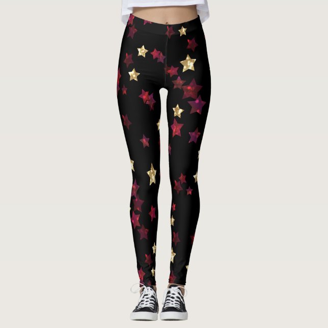Guld-stjärnor, guld, svart, röd, elegant, glitter leggings (Framsida)