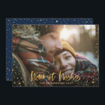 Guld stjärnor - marinblått jul 1 foto modern julkort<br><div class="desc">Guld Season hälsningar stjärnor 1 fotokort helgdag. Med en text och guld-effektdesign kan marinblått färg bytas ut mot kostym i stil.</div>