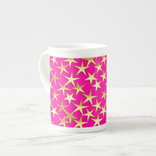 Guld stjärnor på fuchsisk rosa benporslin mugg (Framsida vänster)