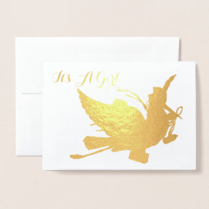 GULD STORK Flicka BABYFYND Folierat Kort