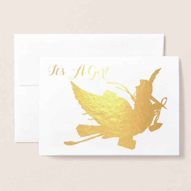 GULD STORK GIRL BABY SHOWER FOLIERAT KORT (Framsida med kuvert)