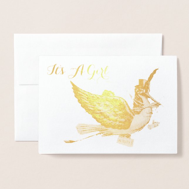 GULD STORK GIRL BABY SHOWER FOLIERAT KORT (Framsida med kuvert)