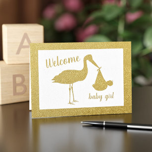 Guld Stork Welcome Girl Baby Grattiss Card Folierat Kort