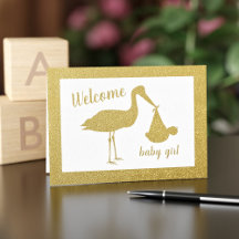 Guld Stork Welcome Girl Baby Grattiss Card