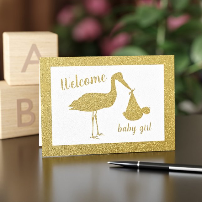 Guld Stork Welcome Girl Baby Grattiss Card Folierat Kort (Skapare uppladdad)