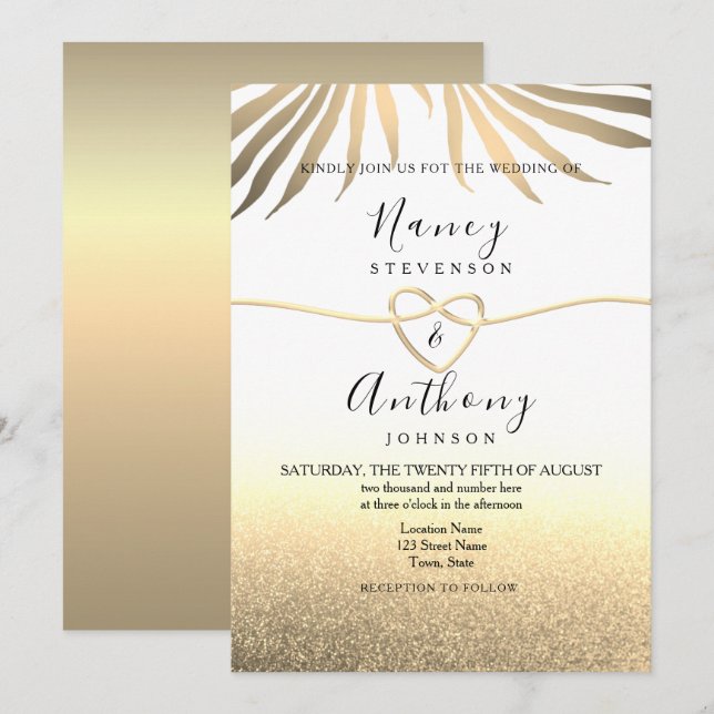 Guld strandbröllop inbjudningar (Fram/baksida)