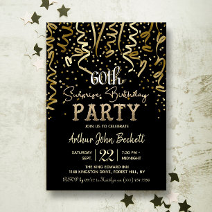 Guld Streamers & Confetti Surprise Födelsedagsfest Inbjudningar
