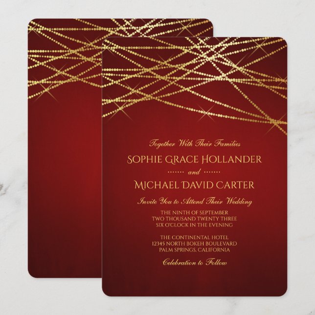 Guld String Ljus på Ruby Red Inbjudningar (Fram/baksida)